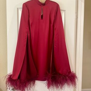 Trina Turk Vibrant Red Hiromi Dress with feather trim sleeves